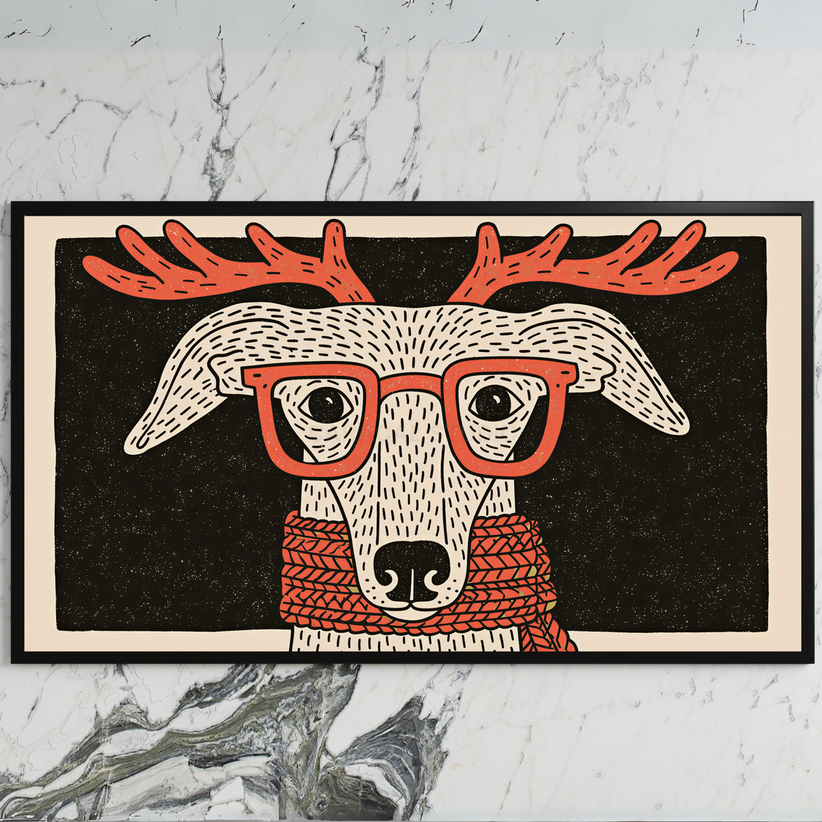 Whippet with reindeer antlers art on a black TV on a white marble wall
