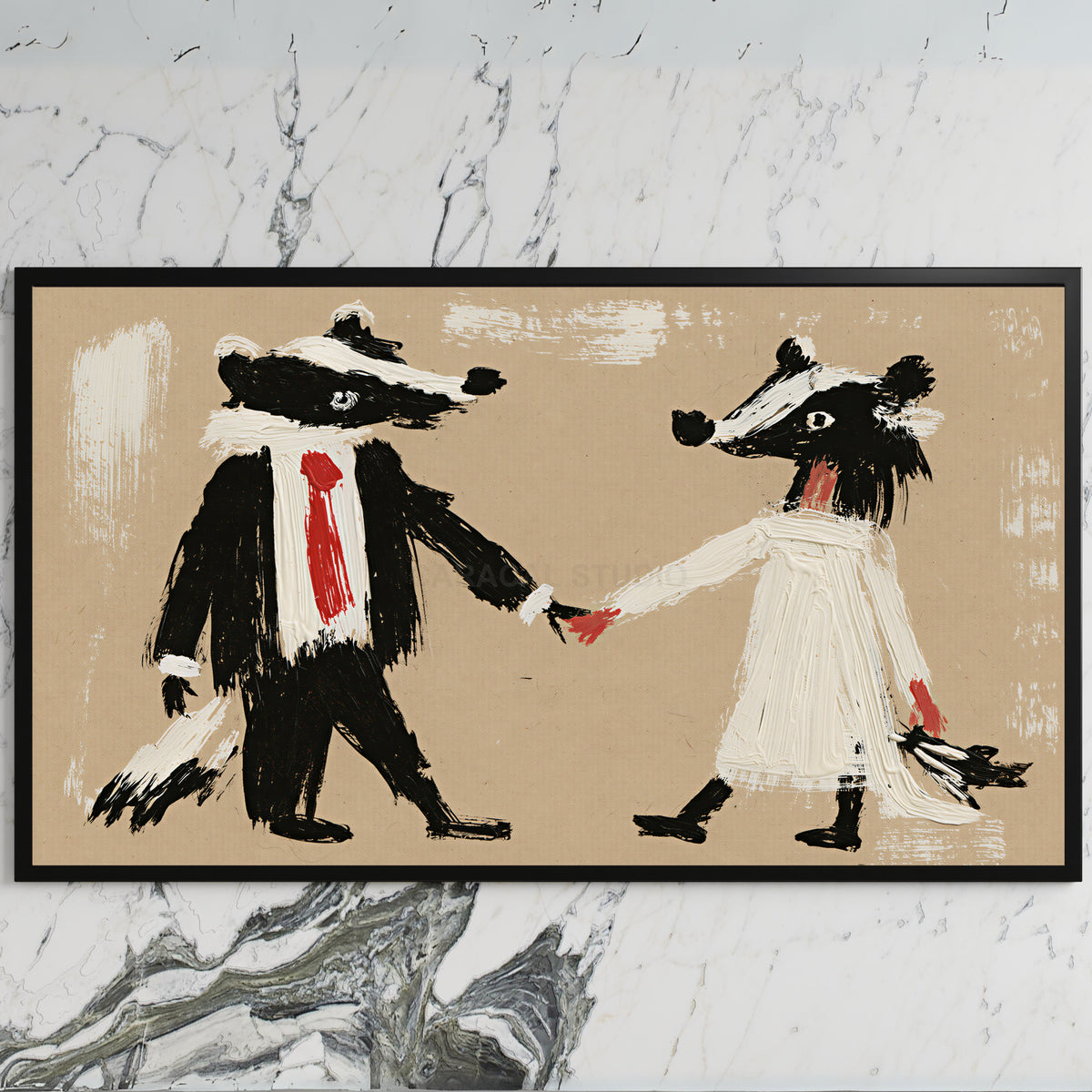 Badger bride and groom art on a black TV on a white marble wall