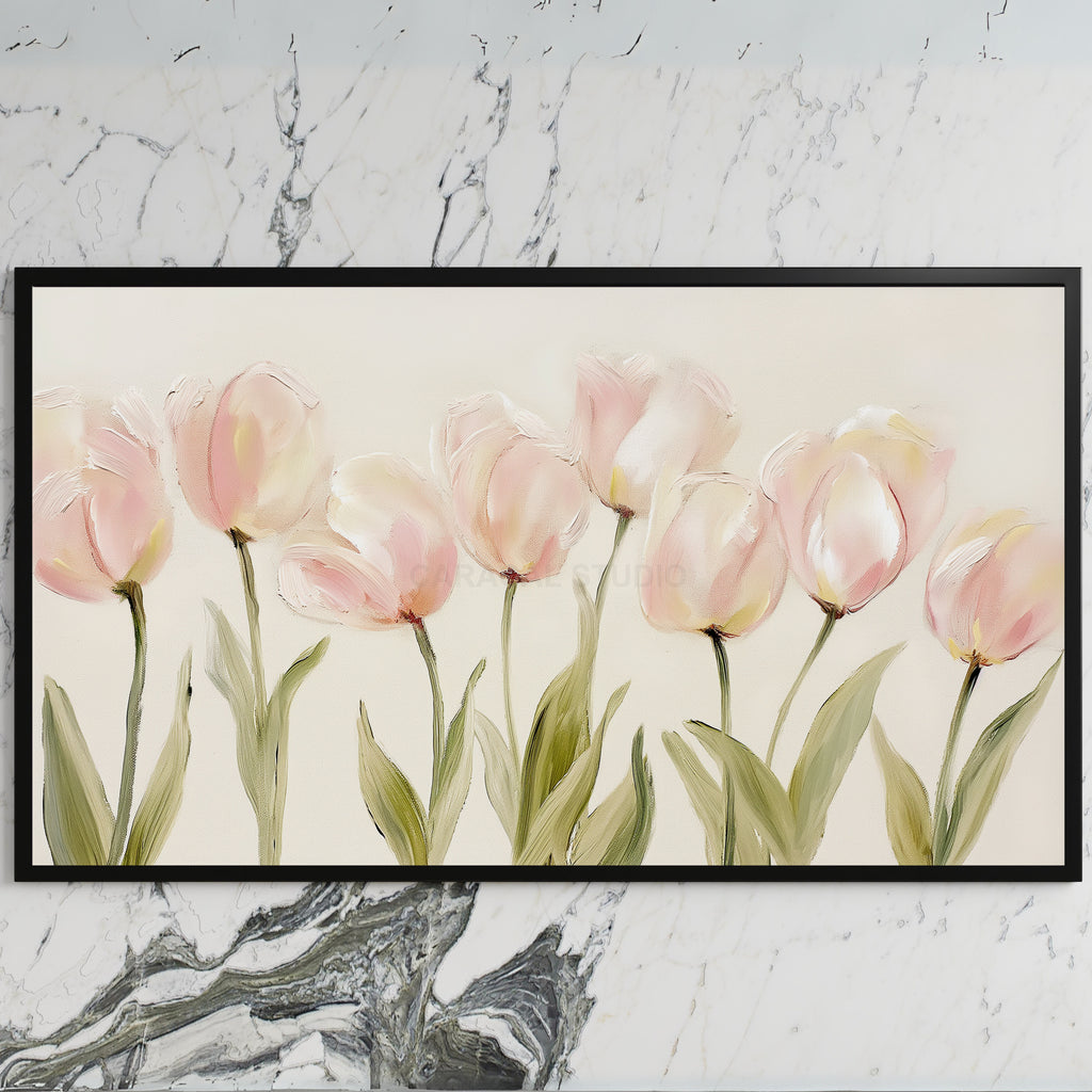Pink tulip art on a black TV on a white marble wall