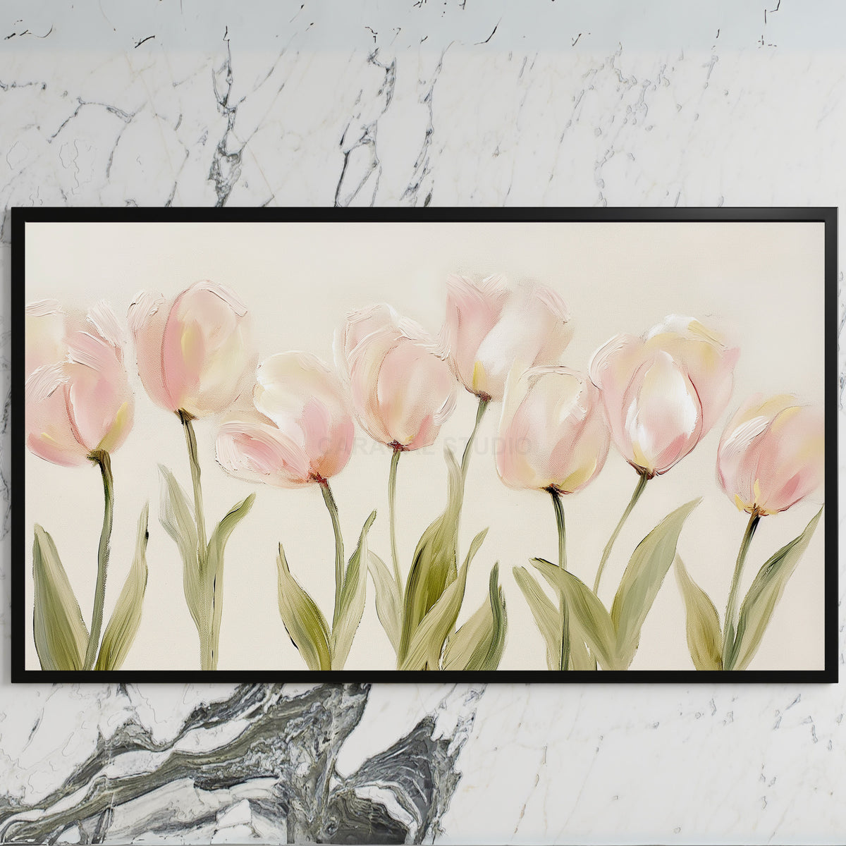 Pink tulip art on a black TV on a white marble wall