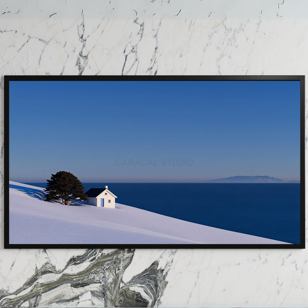 Snowy seaside cottage art on a black TV on a white marble wall