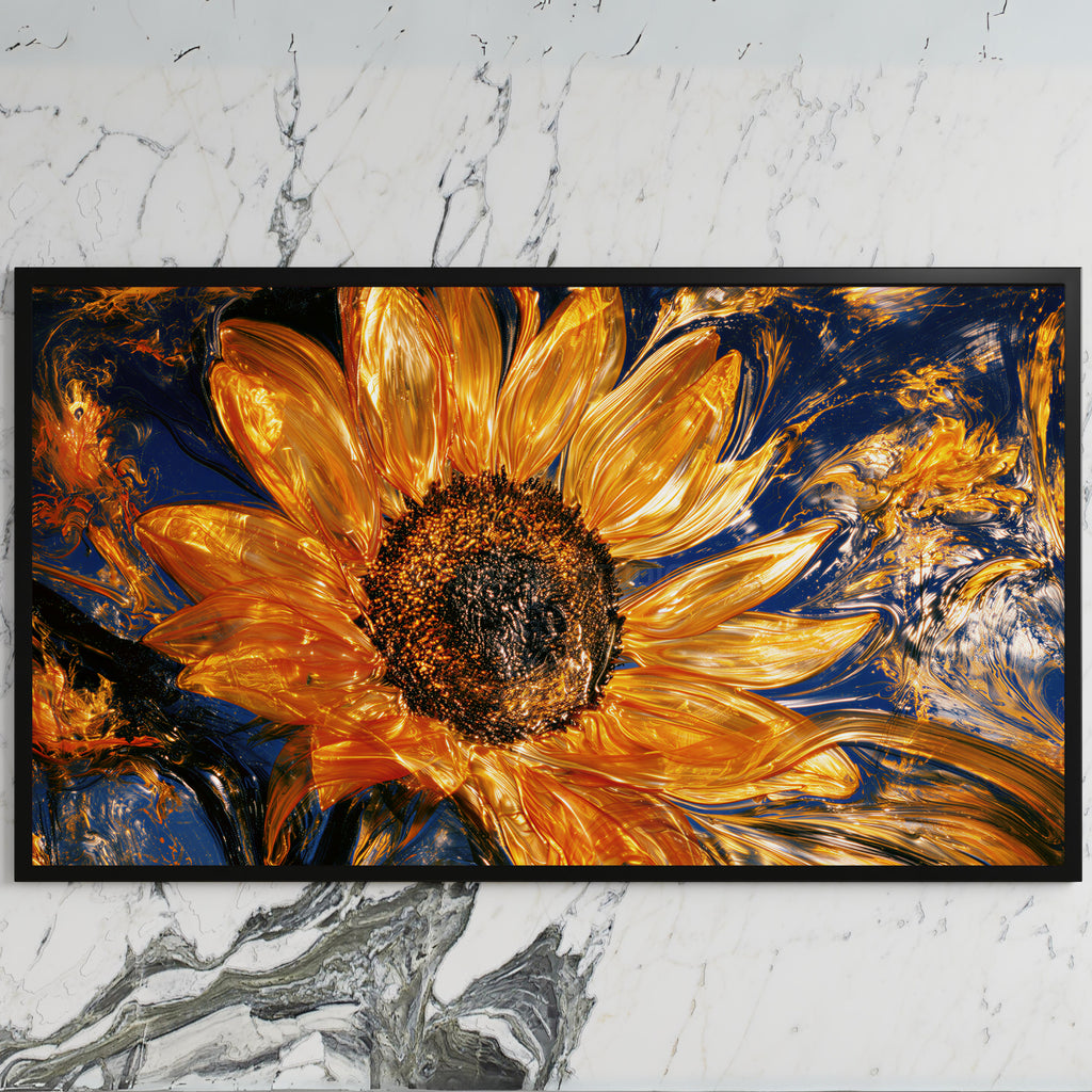 Swirling golden sunflower art on a black TV on a white marble wall