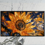 Swirling golden sunflower art on a black TV on a white marble wall