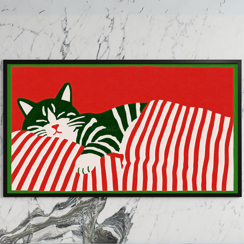 Sleeping cat and candy cane stripes art on a black TV on a white marble wall