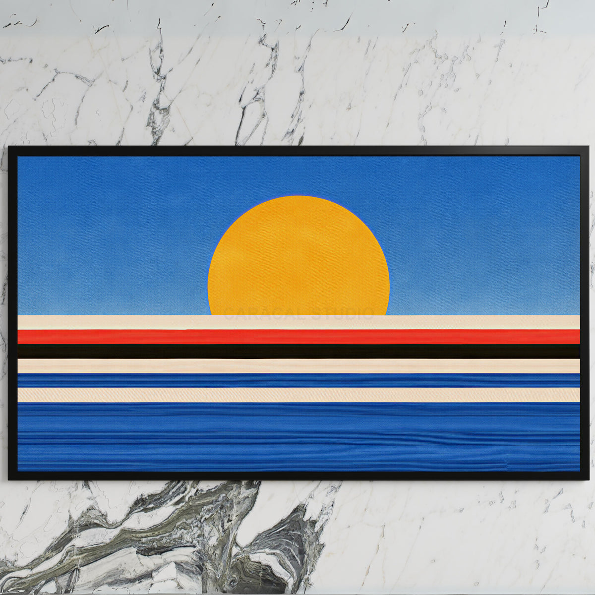 Retro sunset over the sea art on a black TV on a white marble wall
