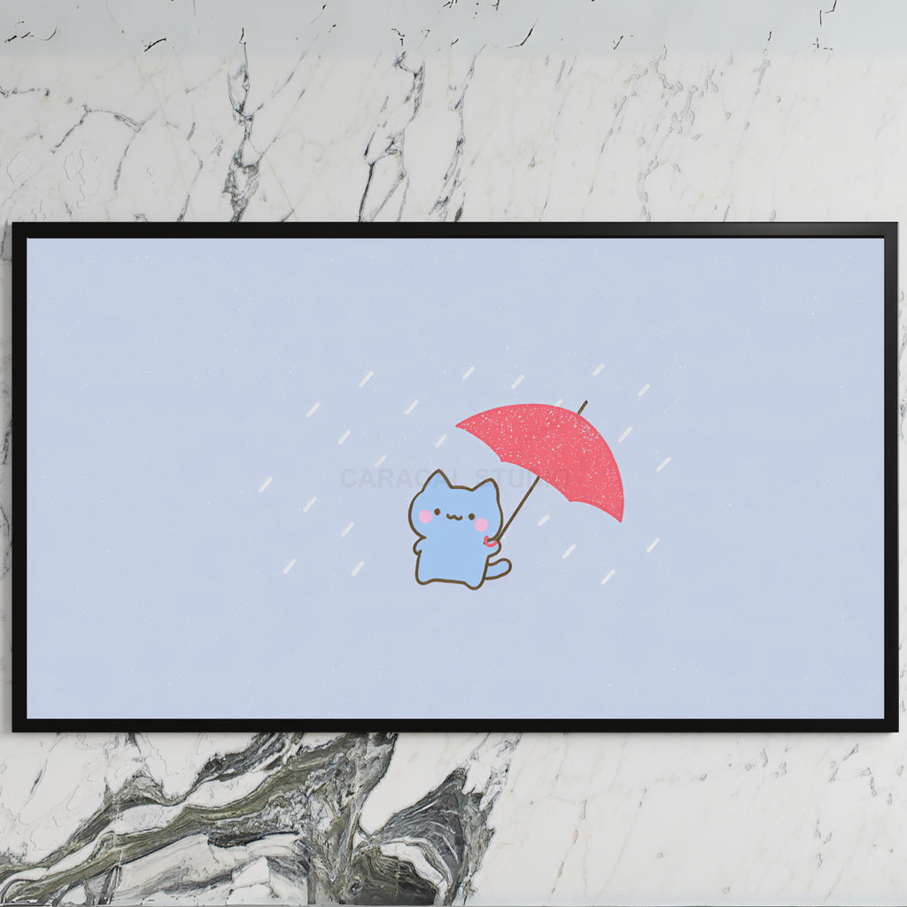 Umbrella kitten art on a black TV on a white marble wall