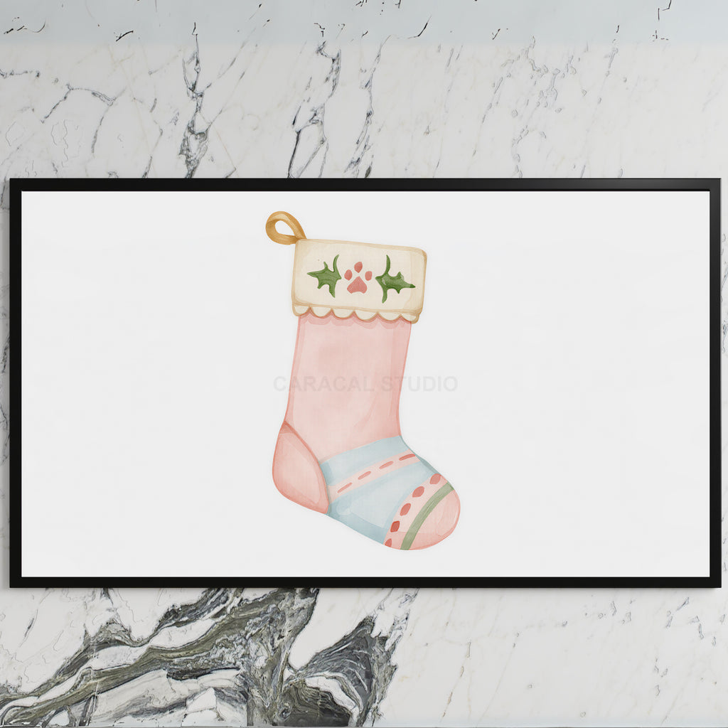 Cat stocking art on a black TV on a white marble wall