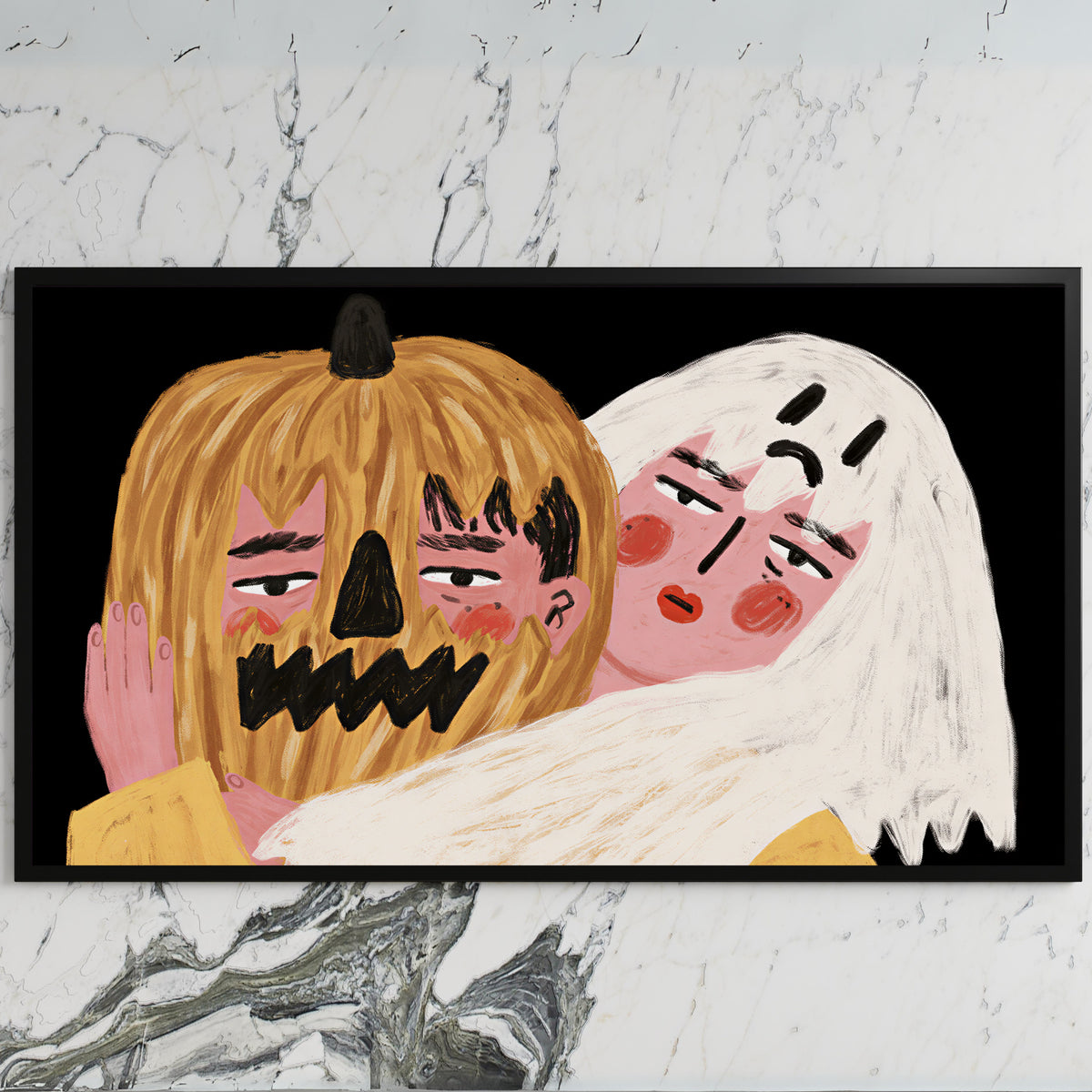 Jack-o'-lantern and ghost art on a black TV on a white marble wall