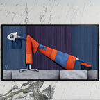Surreal leaning woman art on a black TV on a white marble wall