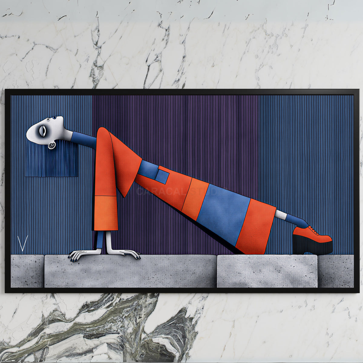 Surreal leaning woman art on a black TV on a white marble wall