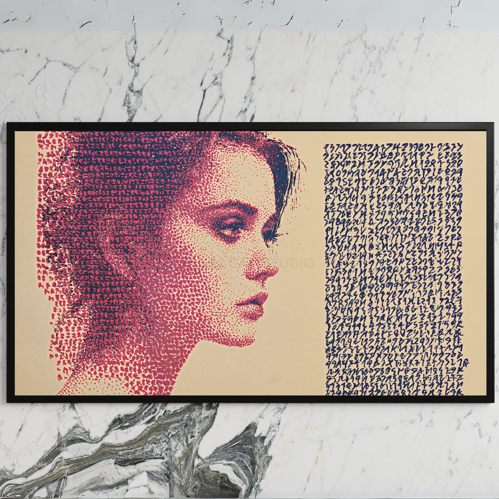 Stipple portrait art on a black TV on a white marble wall