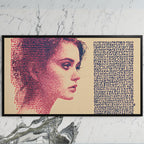 Stipple portrait art on a black TV on a white marble wall