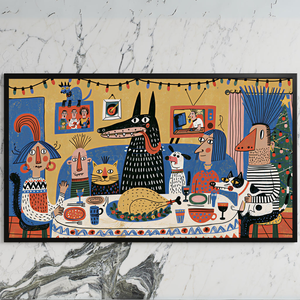 Folk art Christmas dinner art on a black TV on a white marble wall