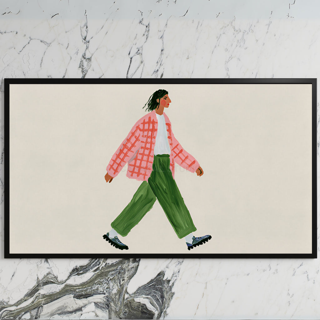 Woman walking art on a black TV on a white marble wall