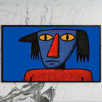 Grumpy naive portrait art on a black TV on a white marble wall