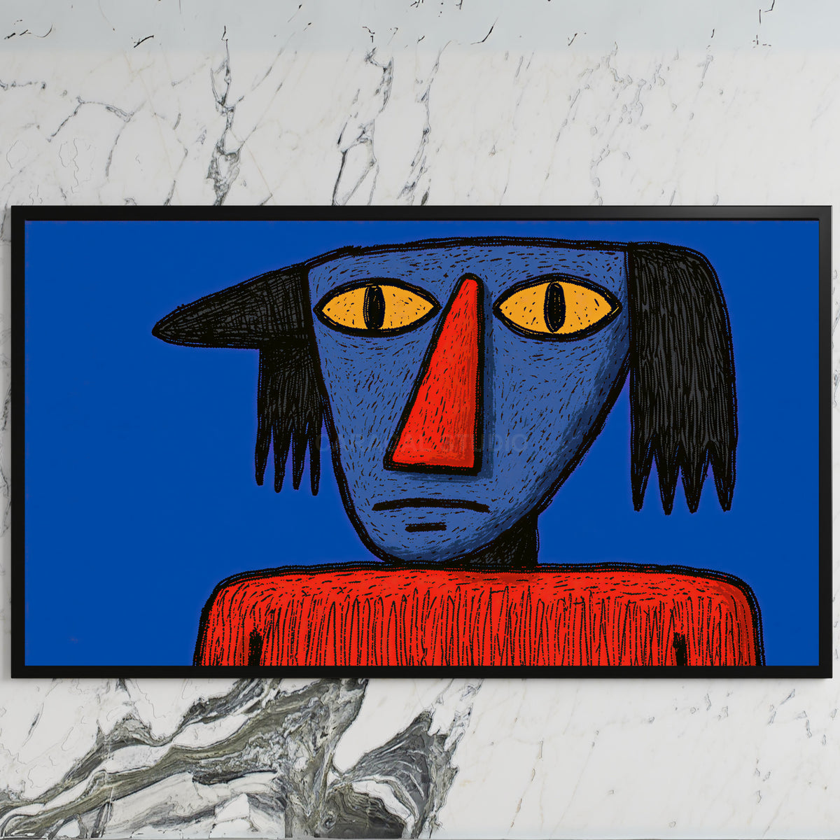 Grumpy naive portrait art on a black TV on a white marble wall