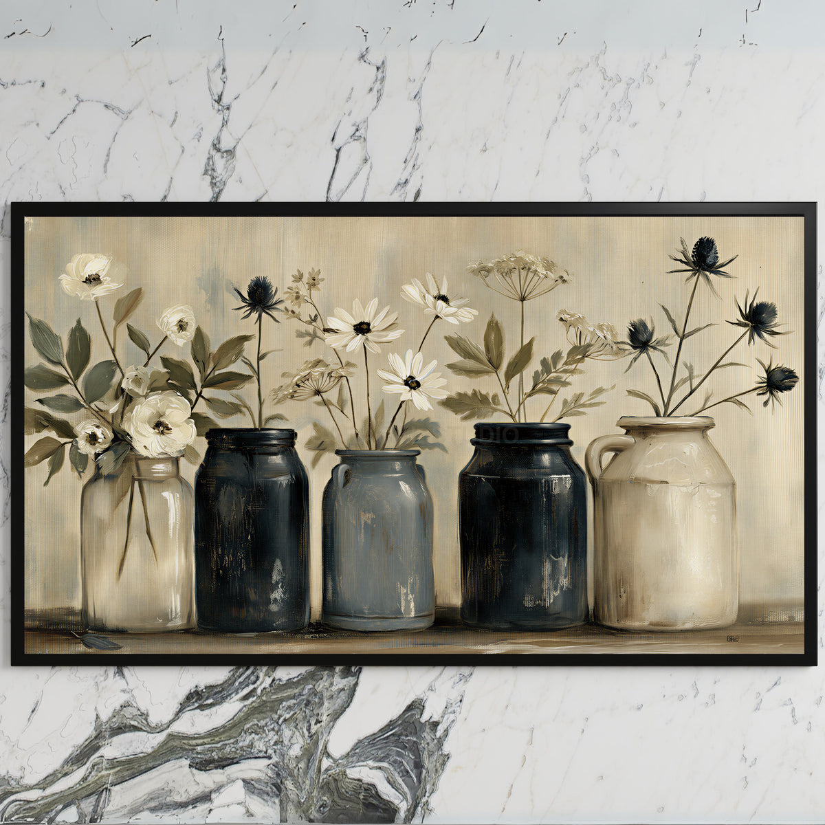 Farmhouse flower jars art on a black TV on a white marble wall