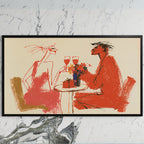 Wine toast art on a black TV on a white marble wall