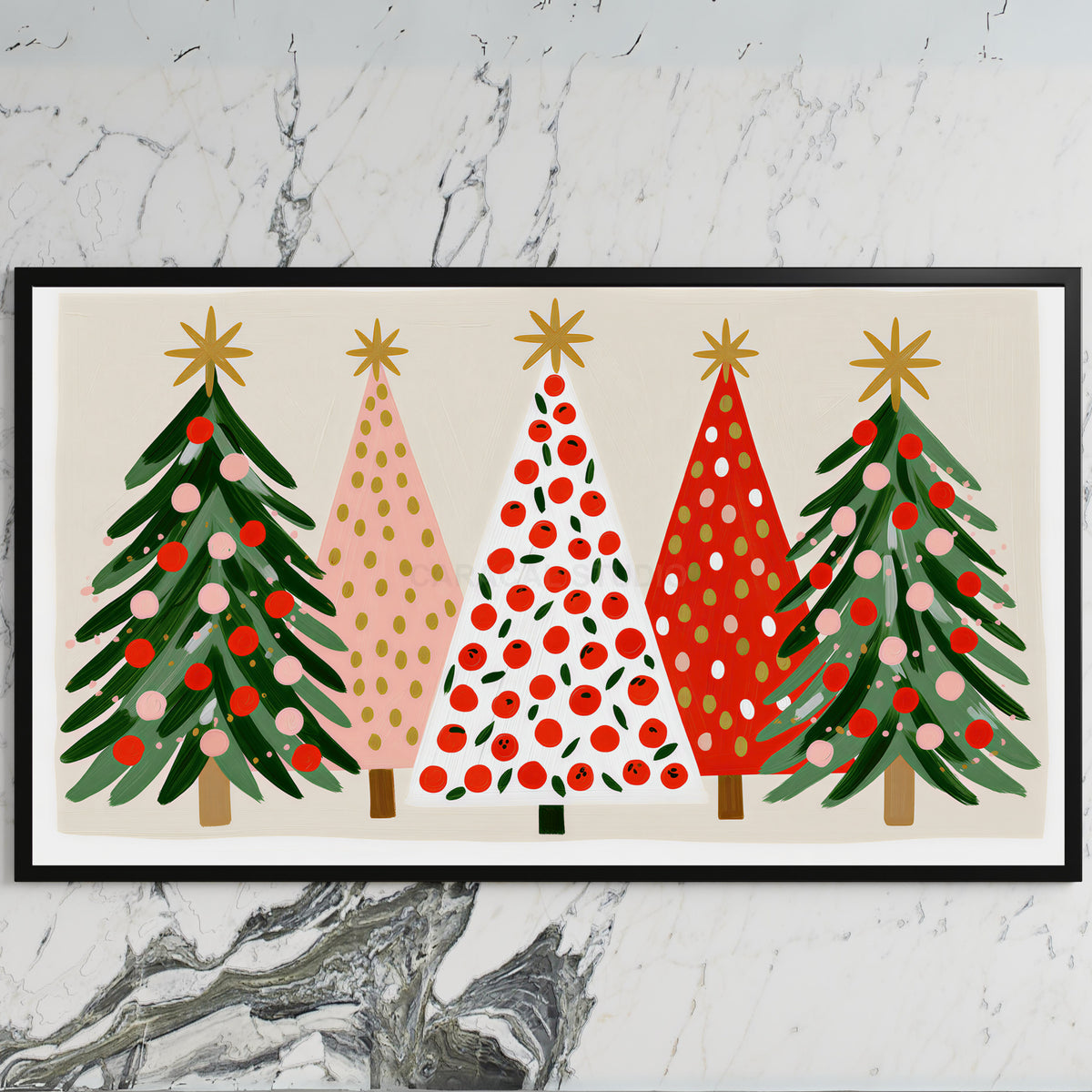 Christmas tree row art on a black TV on a white marble wall