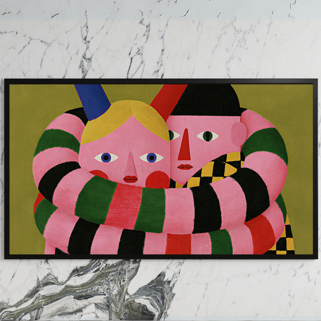 Long striped arms portrait art on a black TV on a white marble wall