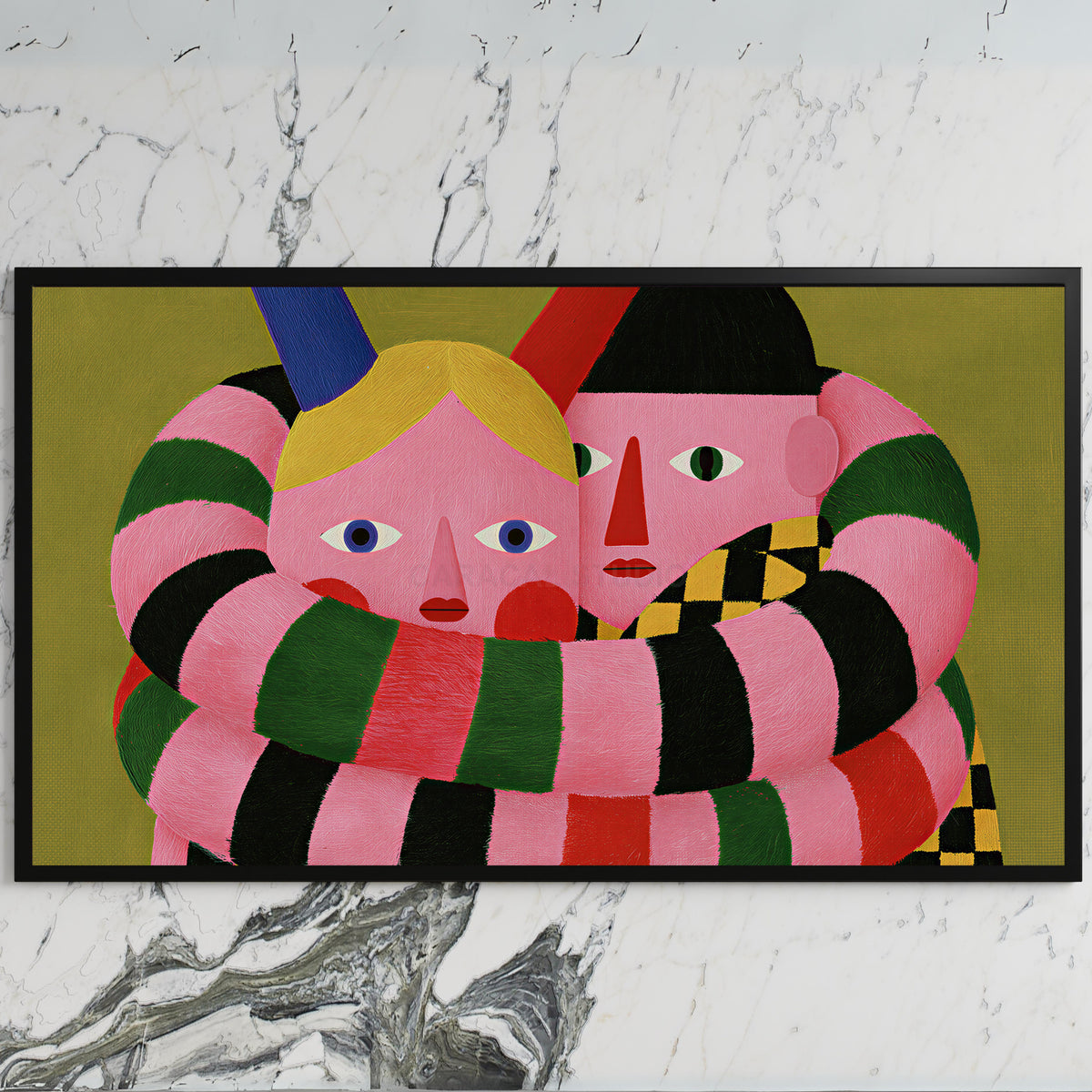 Long striped arms portrait art on a black TV on a white marble wall