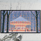 Snowy carousel art on a black TV on a white marble wall