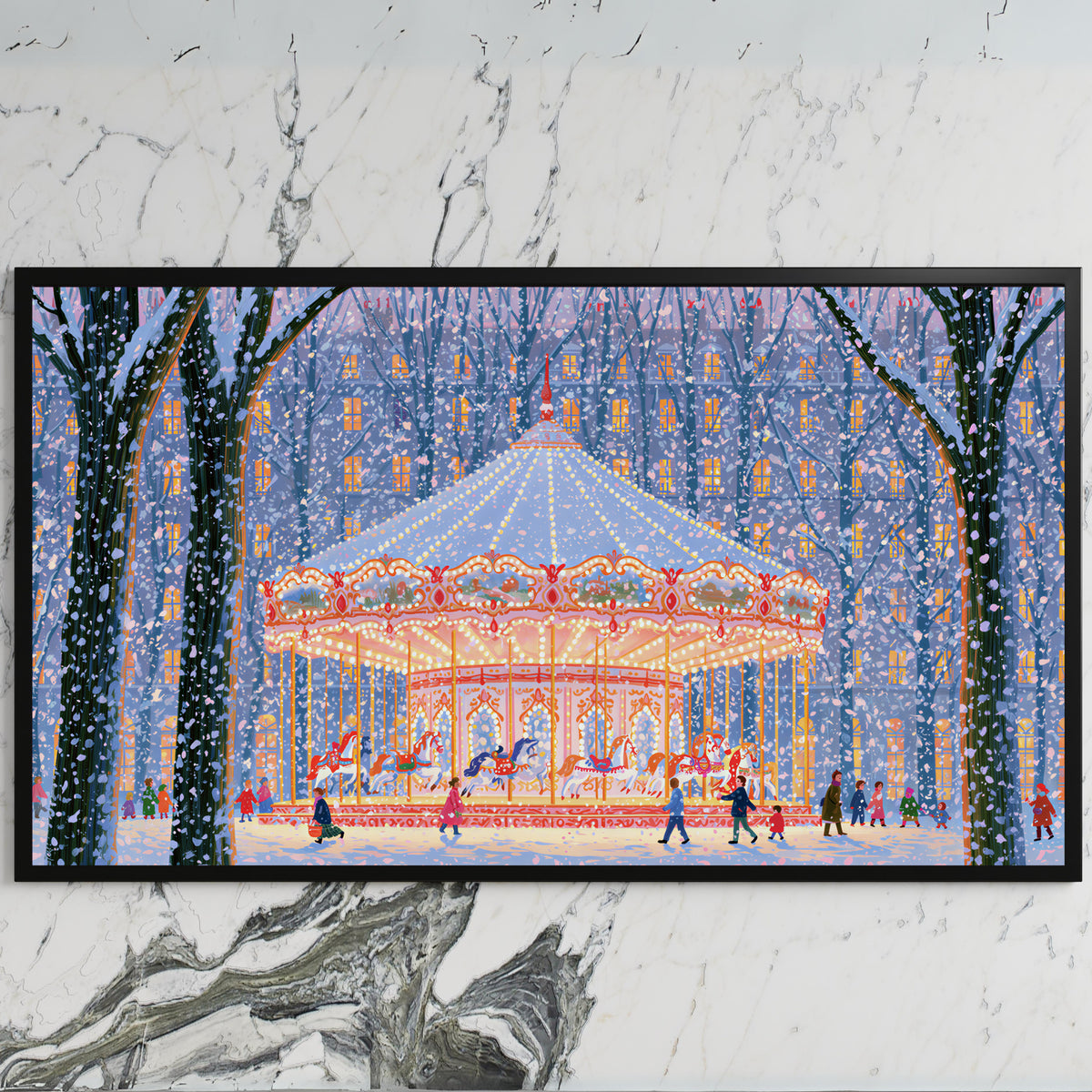 Snowy carousel art on a black TV on a white marble wall