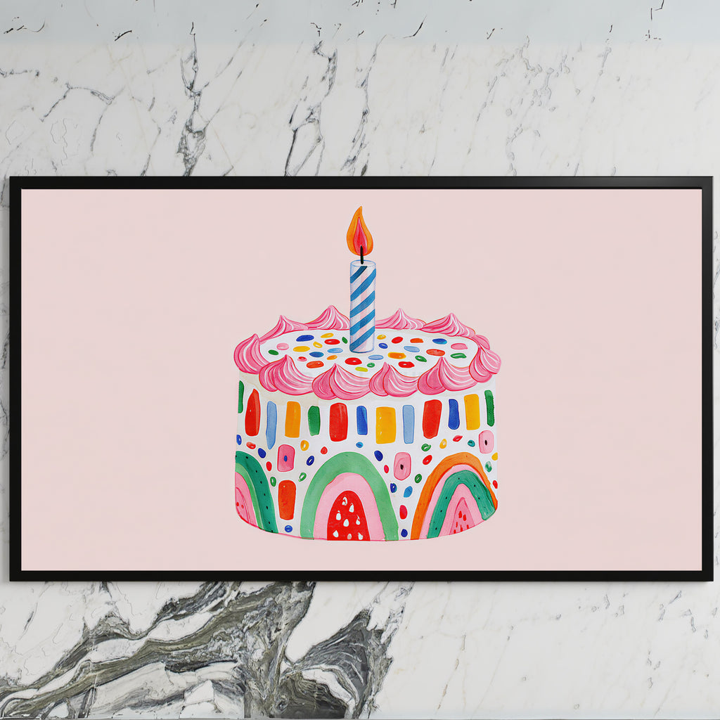 Rainbow birthday cake art on a black TV on a white marble wall