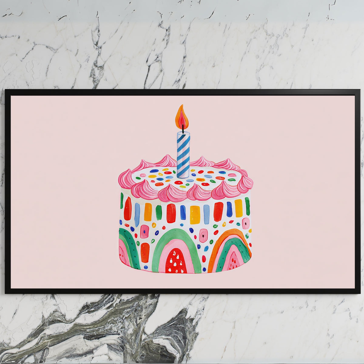 Rainbow birthday cake art on a black TV on a white marble wall
