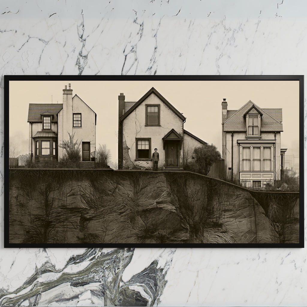 Three houses art on a black TV on a white marble wall