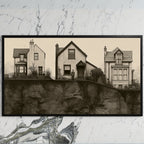 Three houses art on a black TV on a white marble wall