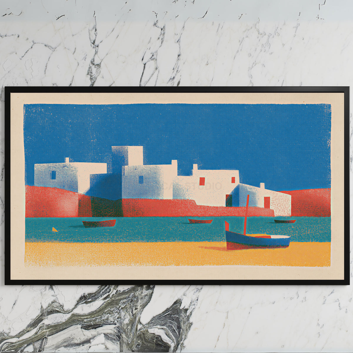 Mediterranean village art on a black TV on a white marble wall