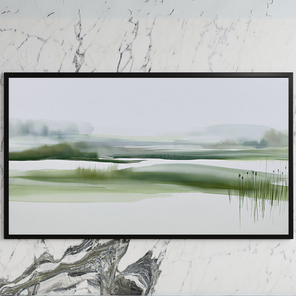 Misty wetland art on a black TV on a white marble wall