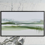 Misty wetland art on a black TV on a white marble wall
