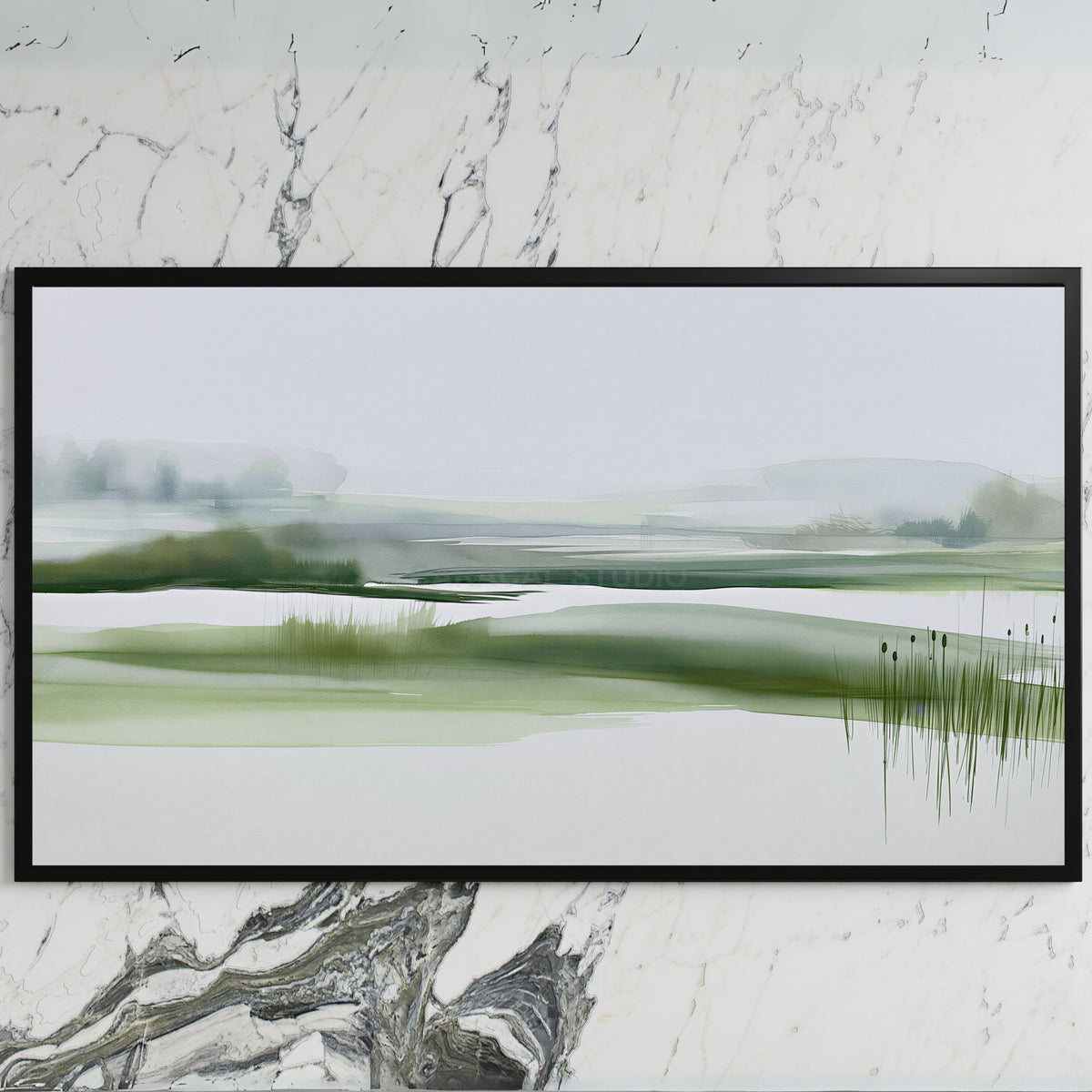 Misty wetland art on a black TV on a white marble wall