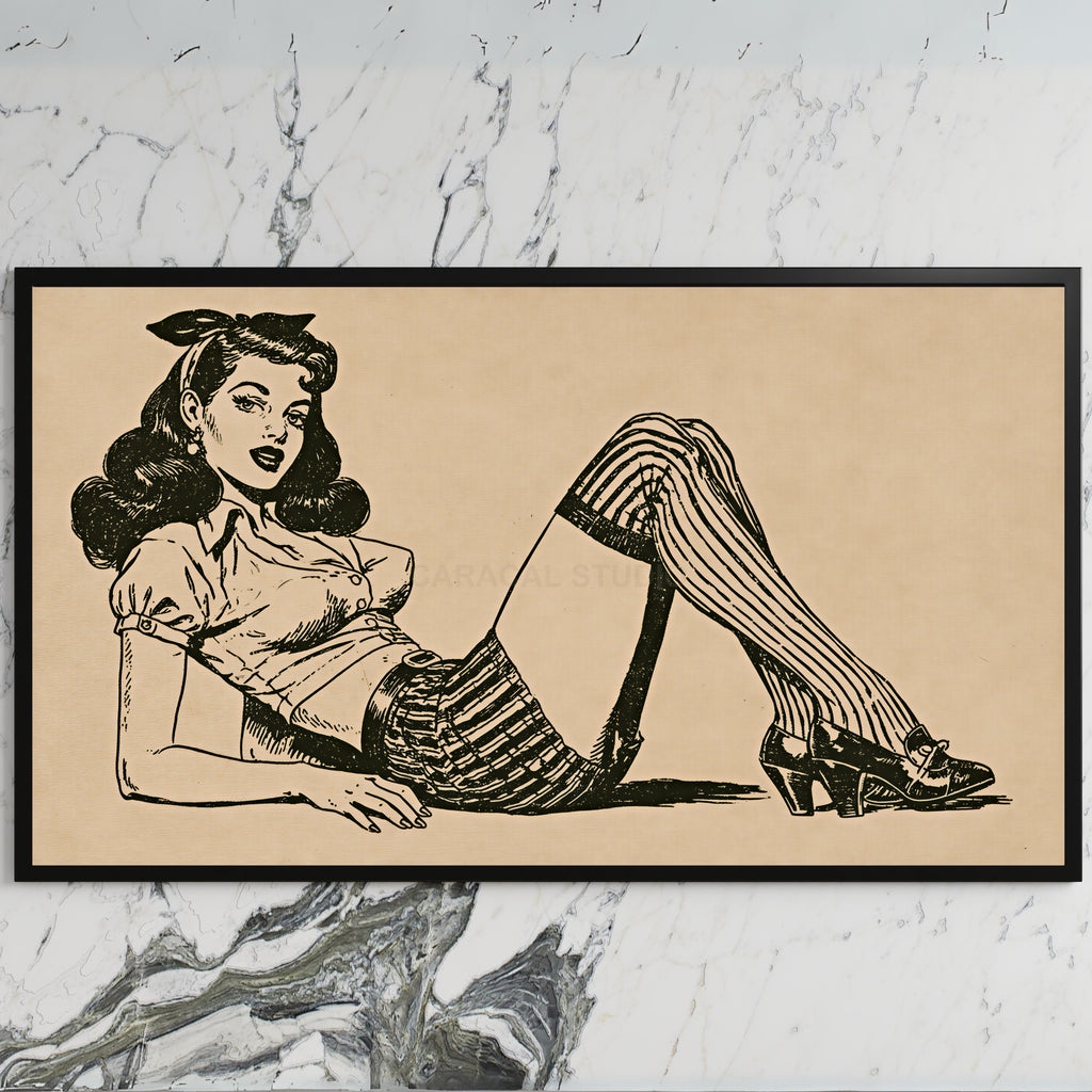 Vintage pin-up drawing art on a black TV on a white marble wall