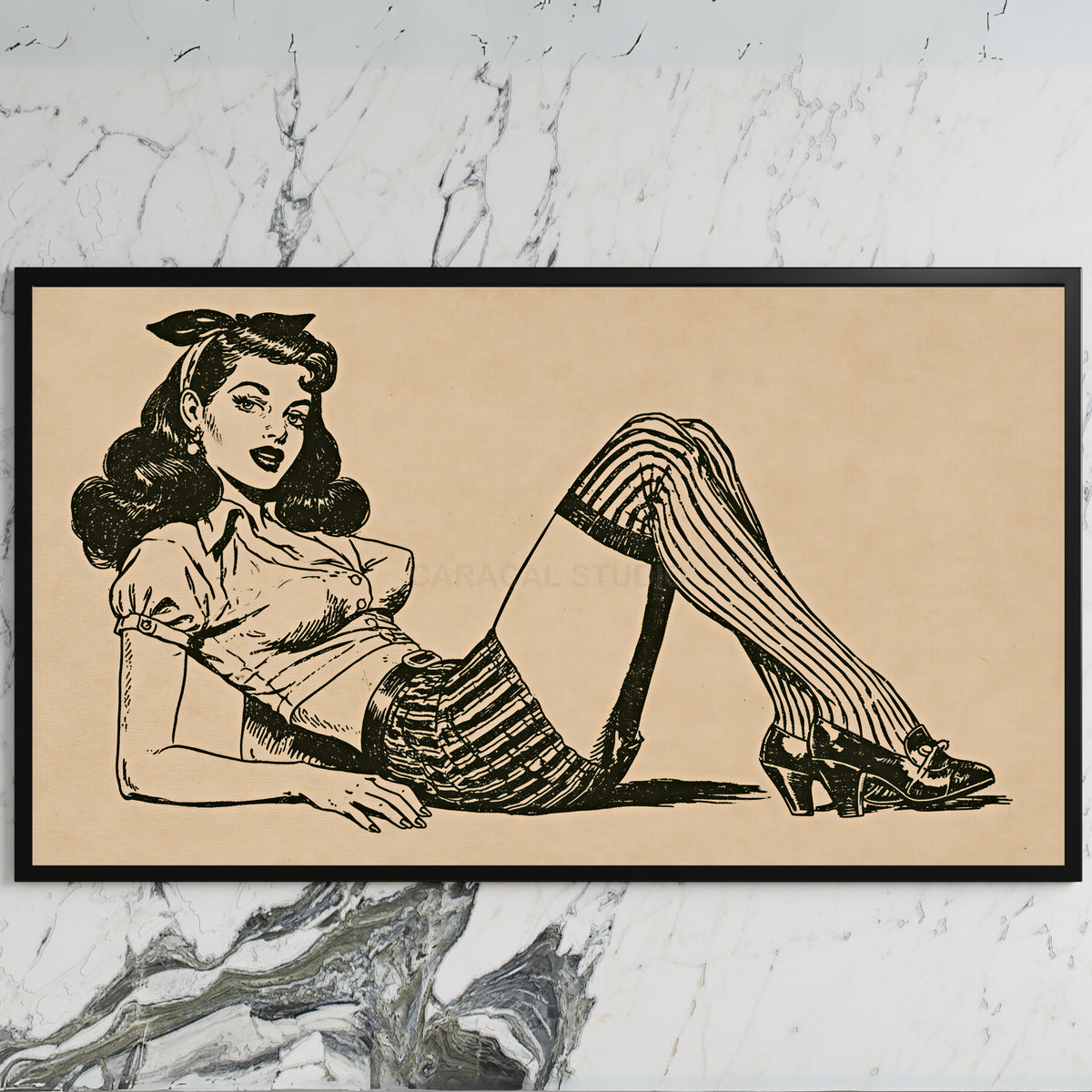 Vintage pin-up drawing art on a black TV on a white marble wall