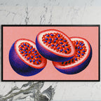 Passion fruit art on a black TV on a white marble wall