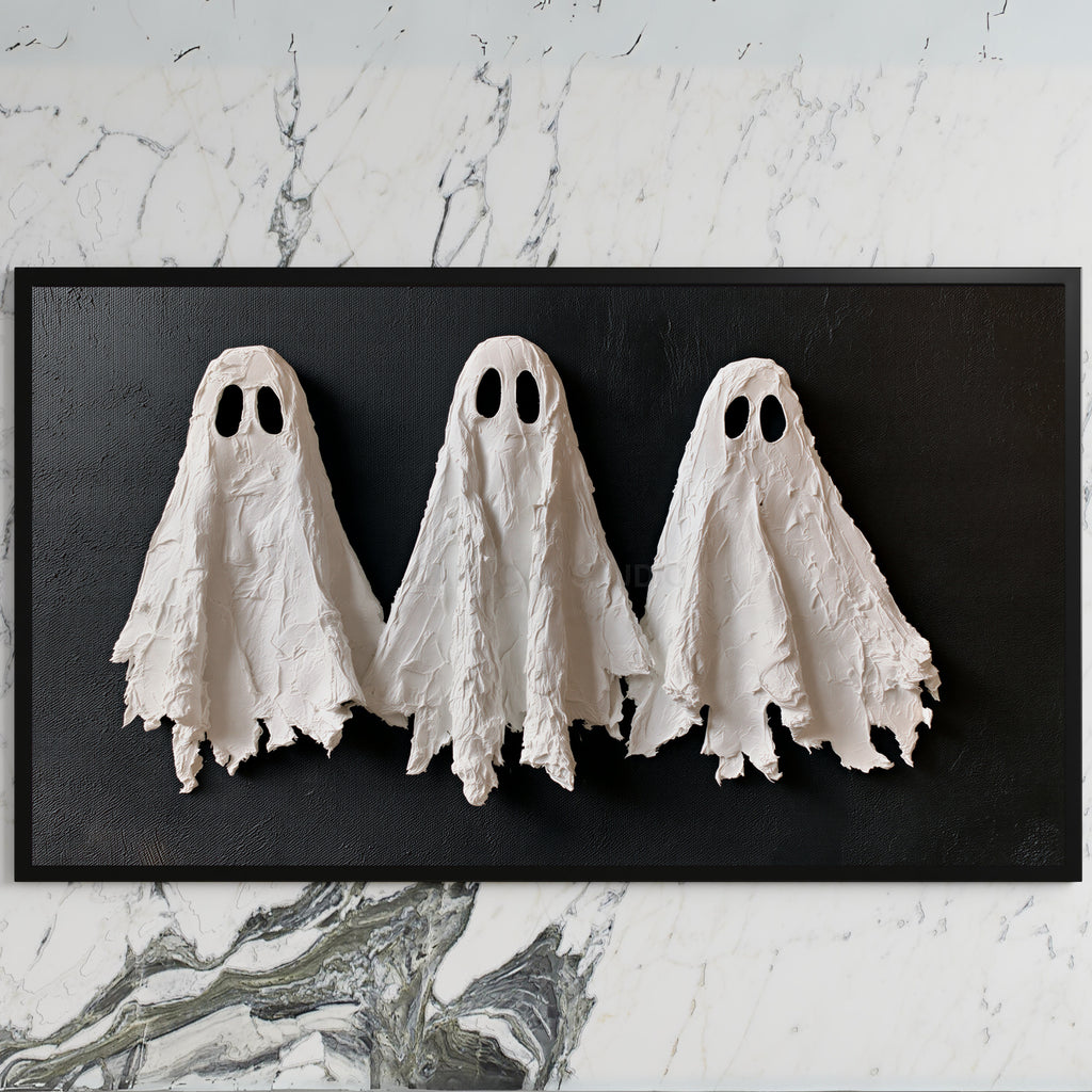 Textured ghosts art on a black TV on a white marble wall