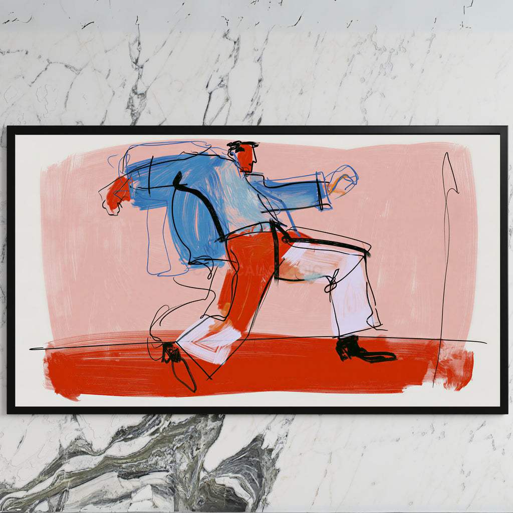 Dancing man line art on a black TV on a white marble wall