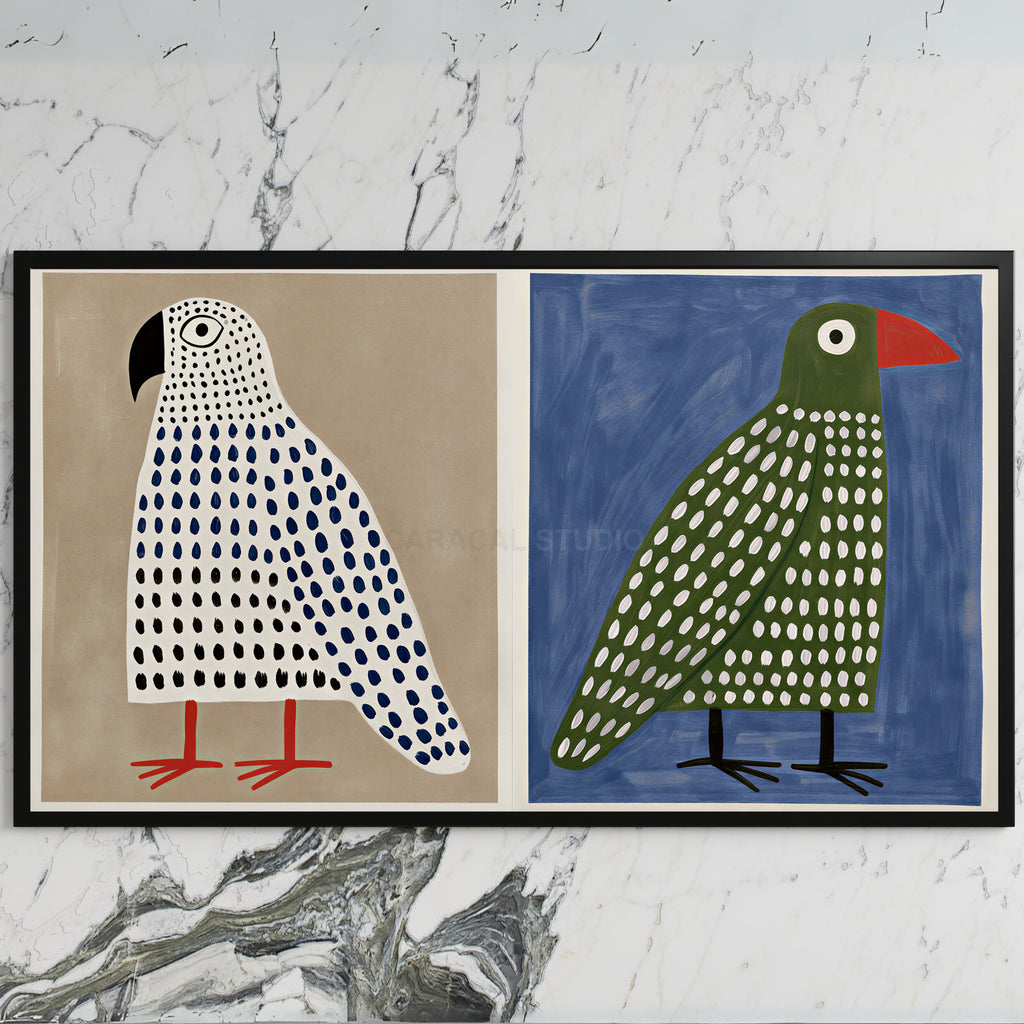 Polka dot birds art on a black TV on a white marble wall