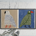 Polka dot birds art on a black TV on a white marble wall