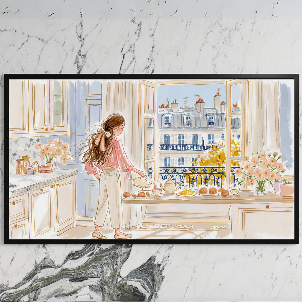 Paris morning tea art on a black TV on a white marble wall