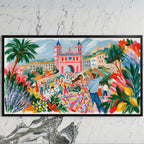 Mediterranean summer dance art on a black TV on a white marble wall