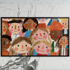 Smiling faces art on a black TV on a white marble wall