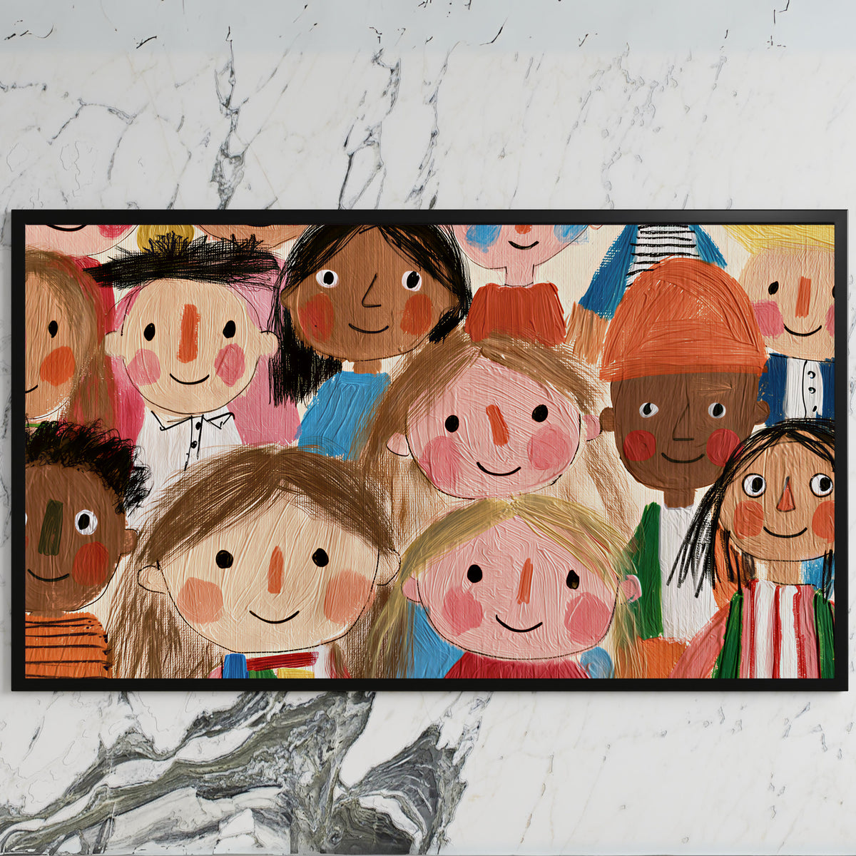 Smiling faces art on a black TV on a white marble wall