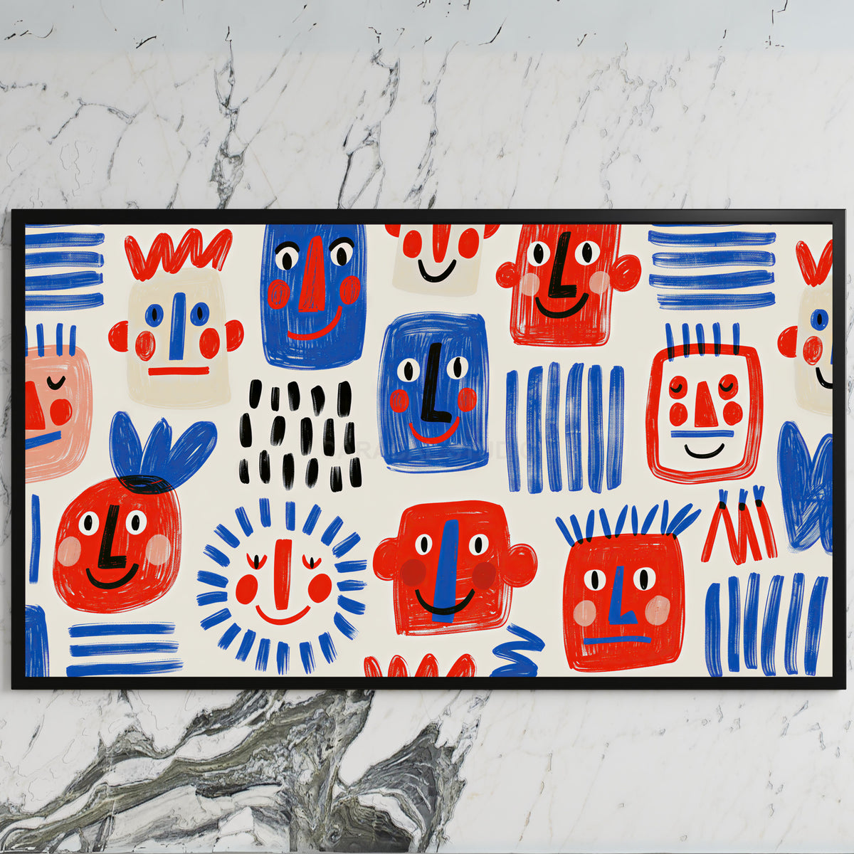 Doodle faces art on a black TV on a white marble wall