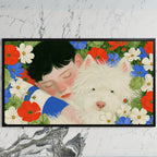 White terrier among flowers art on a black TV on a white marble wall