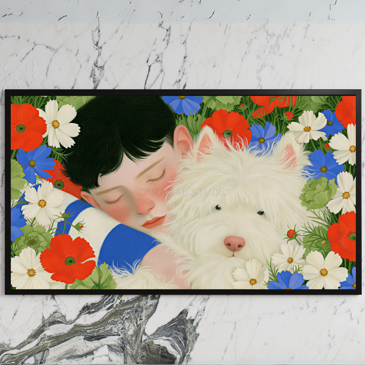 White terrier among flowers art on a black TV on a white marble wall