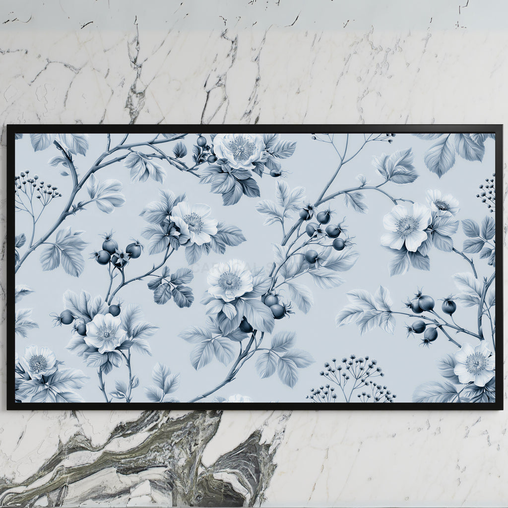 Toile wild roses art on a black TV on a white marble wall